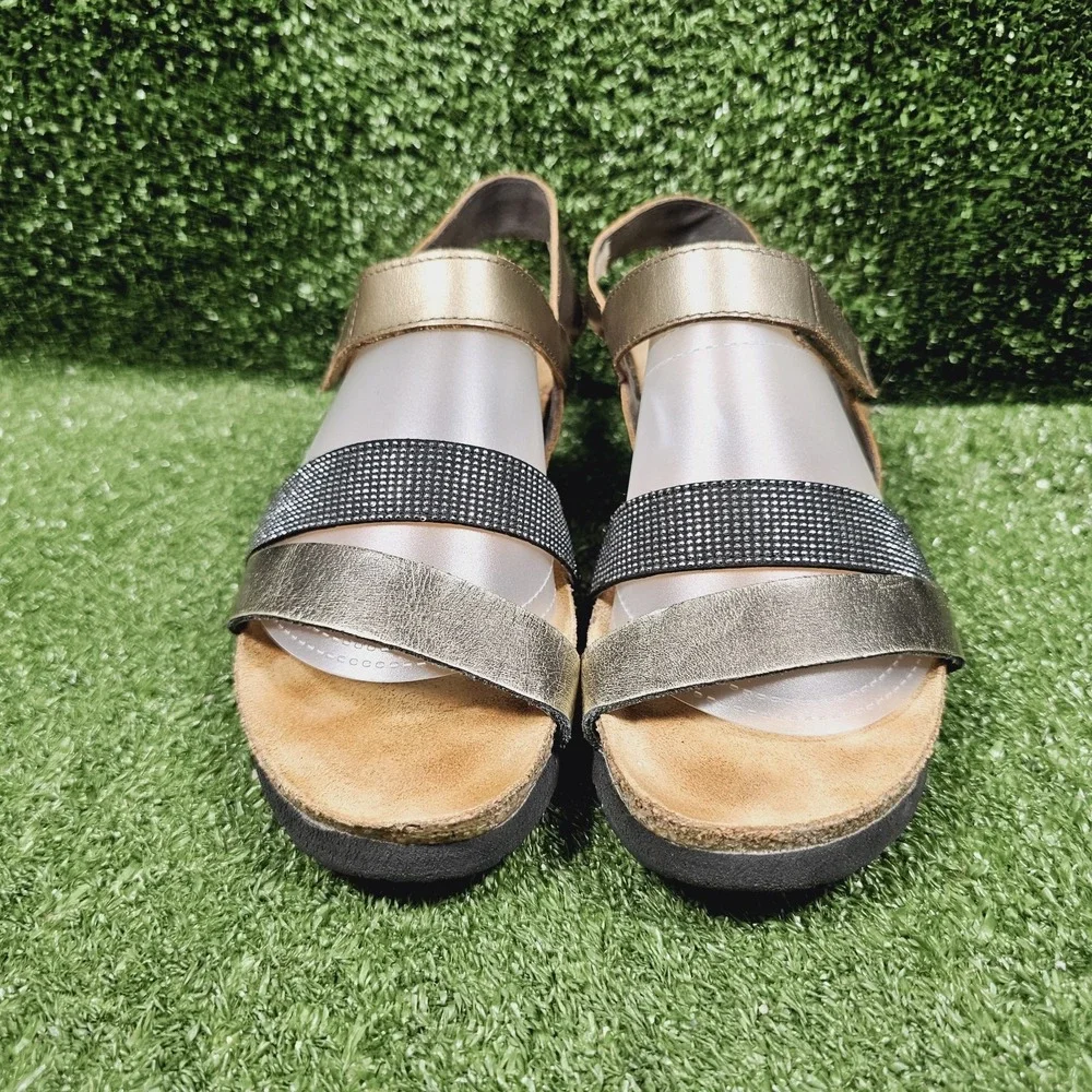 Naot Krista Gold Pewter Leather Embellished Slingback Wedge Sandals Size 40 US 9